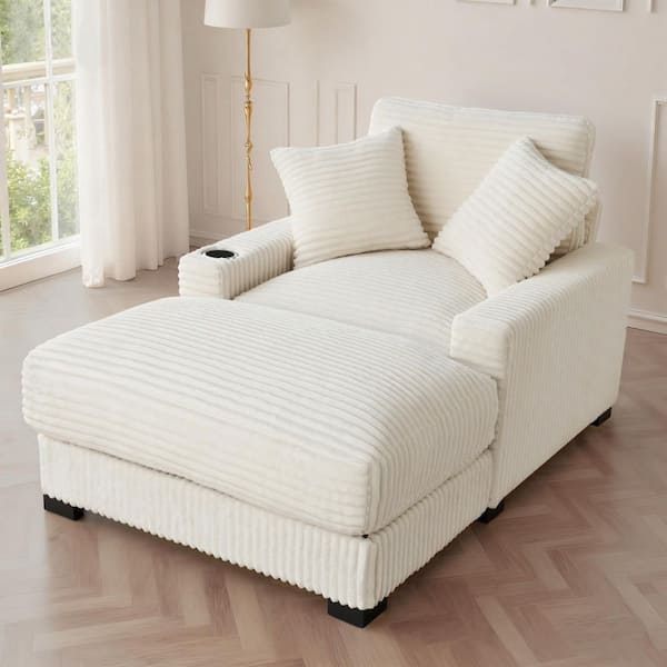 White 40.9 in. Polyester Square Arm Chaise Lounge with USB Charge Station, Cup Holder, Pillows