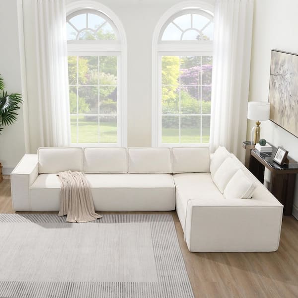 129.5 in. Chenille Fully Compressed Cloud Sectional Sofa in. Beige