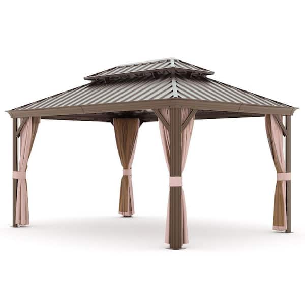 12 ft. x 14 ft. Aluminum Outdoor Gazebo Double Roof Canopy w/Netting, Curtains, Garden Tent for Patio, Backyard, Lawns