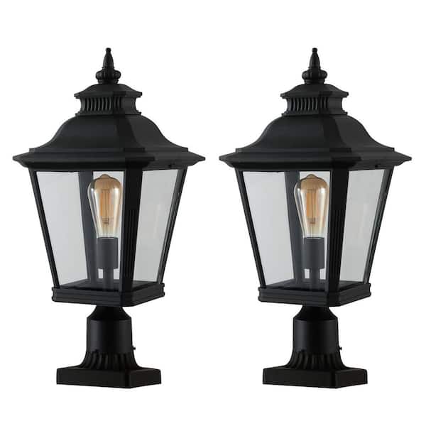 2-Light Black Metal Line Voltage Outdoor Weather Resistant Post Light with No Bulb Included