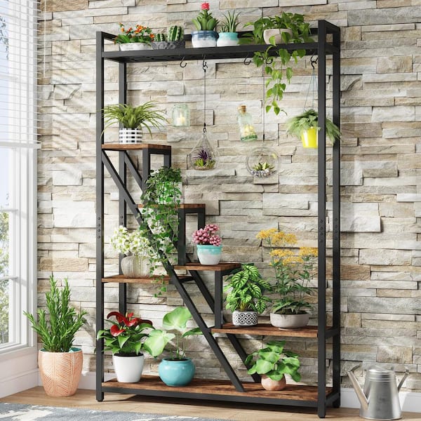 BYBLIGHT Wellston 70.9 in. Tall Indoor Plant Stand, 7-Tier Large Plant Shelf with 5 S-Hooks, Brown