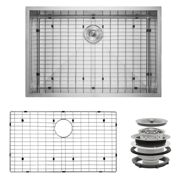 AKDY Handmade Undermount Stainless Steel 33 in. x 22 in. Single Bowl Kitchen Sink with Bottom Grid