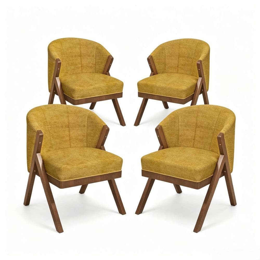 Yellow Chenille Upholstered Arm Chair with Solid Wood Frame and Sturdy Base for Living Room (Set of 4)