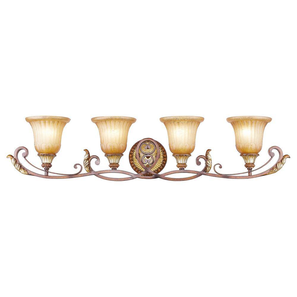 Verona Bronze & Aged Gold Leaf 4-Light Vanity with Rustic Art Glass