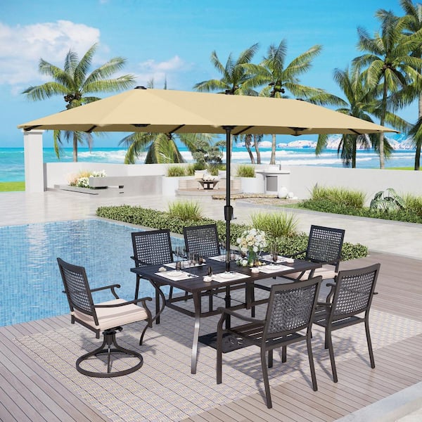 PHI VILLA Black 8-Piece Metal Patio Outdoor Dining Set with Beige Umbrella and Swivel Chairs with Beige Cushions