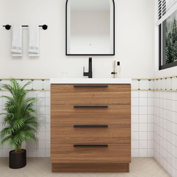 Carla 30 in. W x 20 in. D x 35 in. H Single Sink Freestanding Bath Vanity in Rose Wood with White Acrylic Top