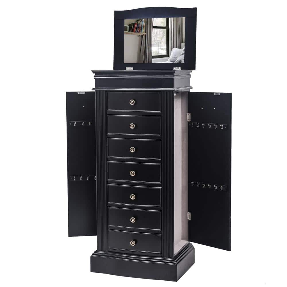 Black MDF Freestanding Jewelry Armoire with Mirror and 7 Drawers