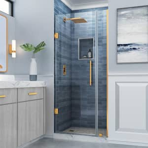 Belmore 27.25 in. to 28.25 in. W x 72 in. H Frameless Hinged Shower Door in Brushed Gold