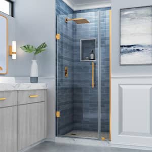 Belmore 28.25 in. to 29.25 in. W x 72 in. H Frameless Hinged Shower Door in Brushed Gold