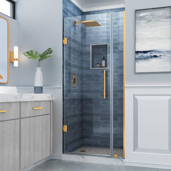 Belmore 41.25 in. to 42.25 in. W x 72 in. H Frameless Hinged Shower Door in Brushed Gold