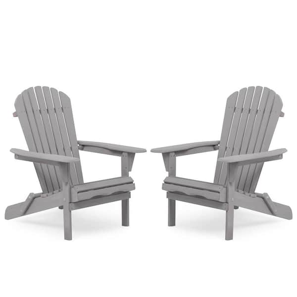 Zeus & Ruta Gray Wooden Outdoor Folding Adirondack Chair Set of 2 for Garden, Lawn, Yard, Deck, Pool Side, Half Assembled