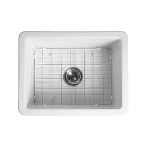 24 in. White Undermount/Drop-in Kitchen Sink Single Bowl, Fireclay Drop-in Kitchen Sink, Drain Kit and Grid Included