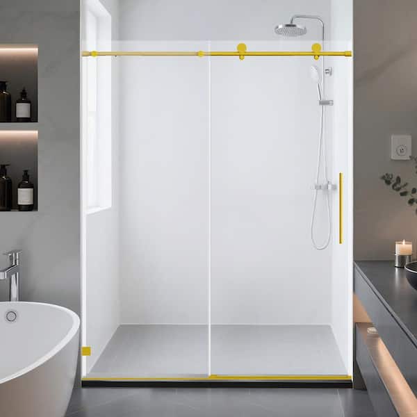 Kuomih 56-60" W x 74" H Frameless Single Sliding Shower Door in Brushed Gold with 5/17" Clear Glass Soft-Close Easy Install