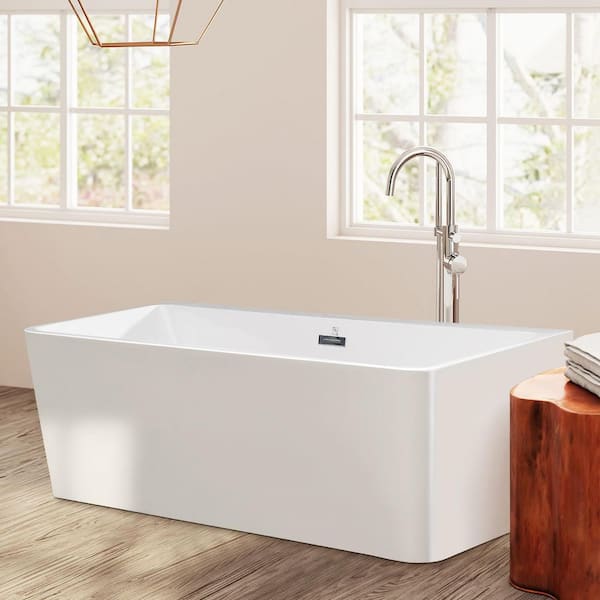 FORCLOVER 63 in. Acrylic Rectangular Flatbottom Alcove Freestanding Soaking Bathtub in White
