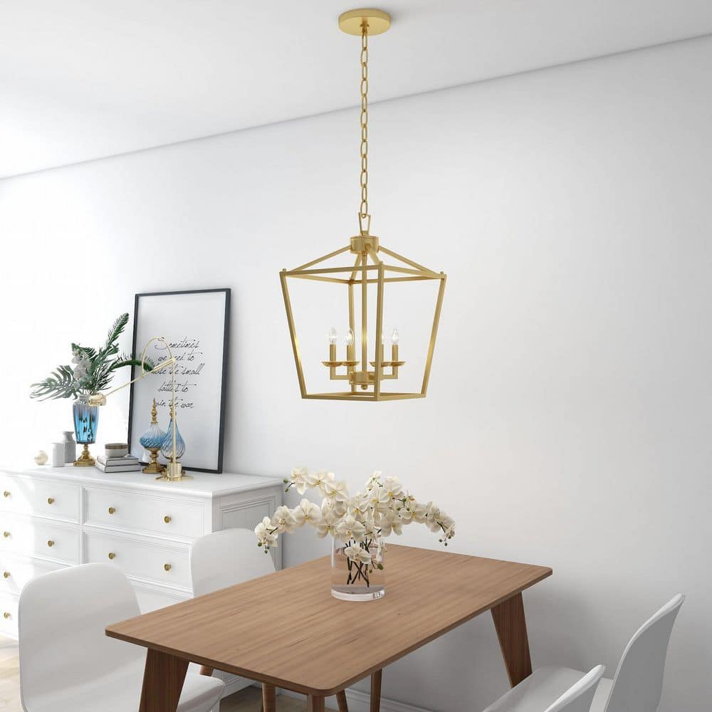 Soft Gold Geometric Lantern Pendant Chandelier with Metal Cage