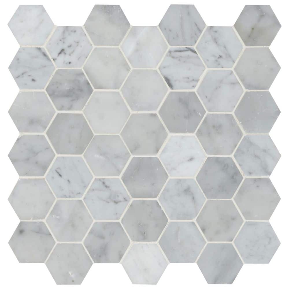 Carrara White Hexagon 4 in. x 4 in. x 10 mm Polished Marble Mesh-Mounted Mosaic Tile - 4 in. x 4 in. Tile Sample price history on PriceWatchPro