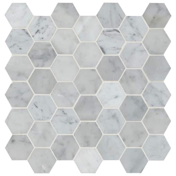 MSI Carrara White Hexagon 4 in. x 4 in. x 10 mm Polished Marble Mesh-Mounted Mosaic Tile - 4 in. x 4 in. Tile Sample