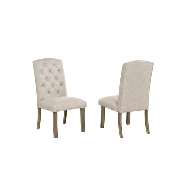 Best Quality Furniture Ameen Beige Linen Fabric With Brown Oak Veneer Finish Legs Side Chairs Set of 2