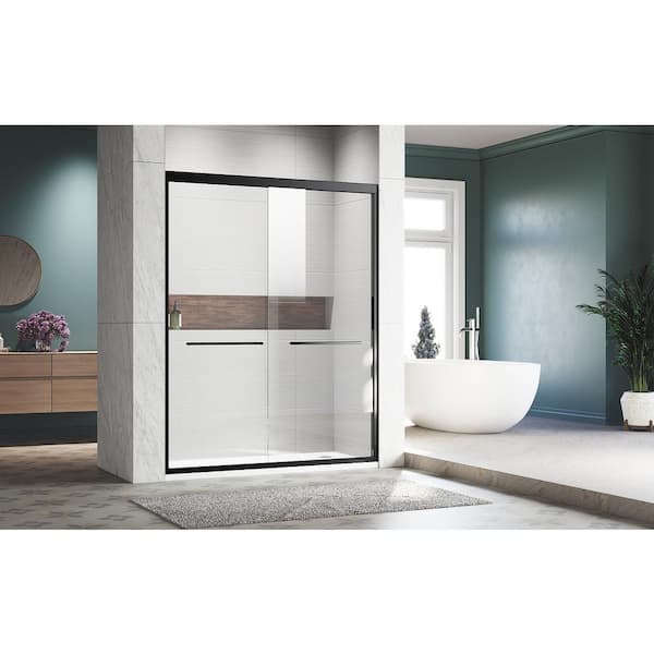 CASAINC 44-48 in. W x 72 in. H Sliding Adjustable Semi-Frameless Shower Door in Matte Black with Thick Clear Tempered Glass