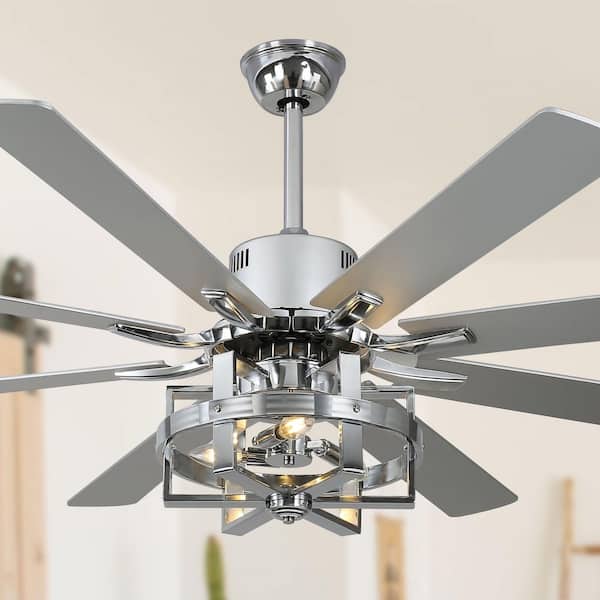 Oaks Aura Aria 65 in. Indoor Chrome Industrial Caged Ceiling Fan With Lights 6-Speed Quite Reversible Cyberpunk Fan Light W/Remote