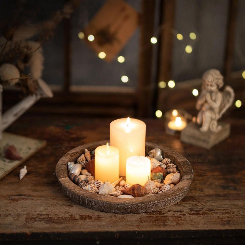 Brown Round Wooden Decorative Candle Plate, Small Farmhouse Table Centerpie