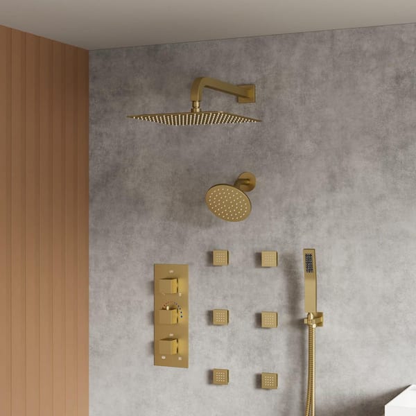 YAWWALK Thermostatic Triple Handles 8-Spray Dual Shower Head Shower Faucet with 6-Jets in Brushed Gold (Valve Included)