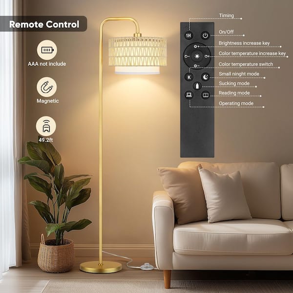 68 in. Gold Paint Boho Standing Lamp 1-Bulb Remote 3-Color Temp Arc Floor Lamp for Bedroom w/ Beige Rattan Fabric Shade