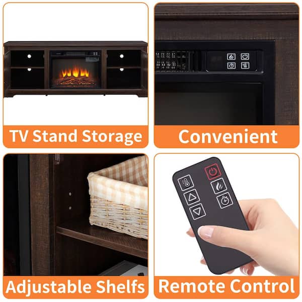 65 in. Freestanding Rattan Door TV Stand with 23 in. Fireplace Insert Adjustable Shelf Wood Console Table Espresso Brown