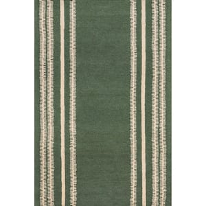 Arvin Olano Kari Striped Wool Dark Green 9 ft. x 12 ft. Indoor/Outdoor Patio Rug