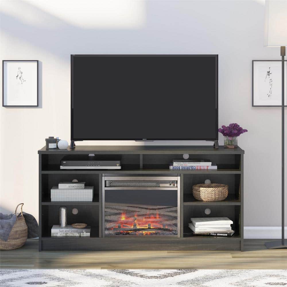 Hendrix 55 in. TV Stand with Electric Fireplace Insert and 6 Shelves, Black