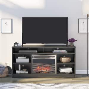 Hendrix 55 in. TV Stand with Electric Fireplace Insert and 6 Shelves, Black Oak