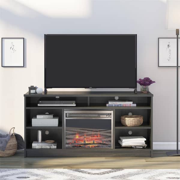 Ameriwood Home Hendrix 55 in. TV Stand with Electric Fireplace Insert and 6 Shelves, Black Oak
