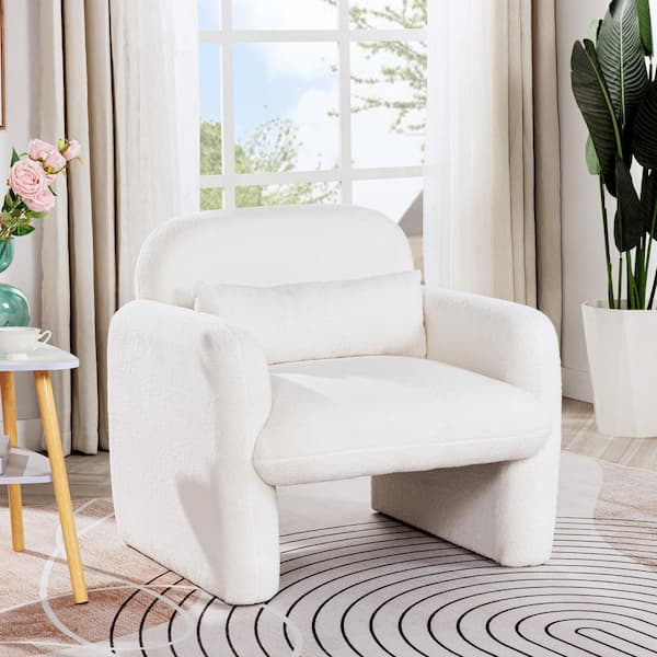 27.95in. Minimalist Teddy Fleece Armchair w/ Pillow and Arms- Cozy Accent Chair for Living Room, Bedroom and Study Beige