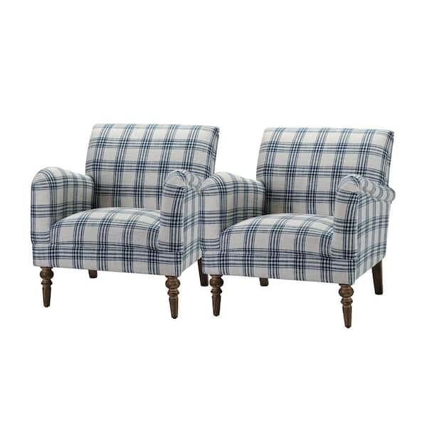 Mandan Navy Contemporary and Classic Upholstered Plaid Pattern Accent Armchair with Turned Solid Wood Legs Set of 2