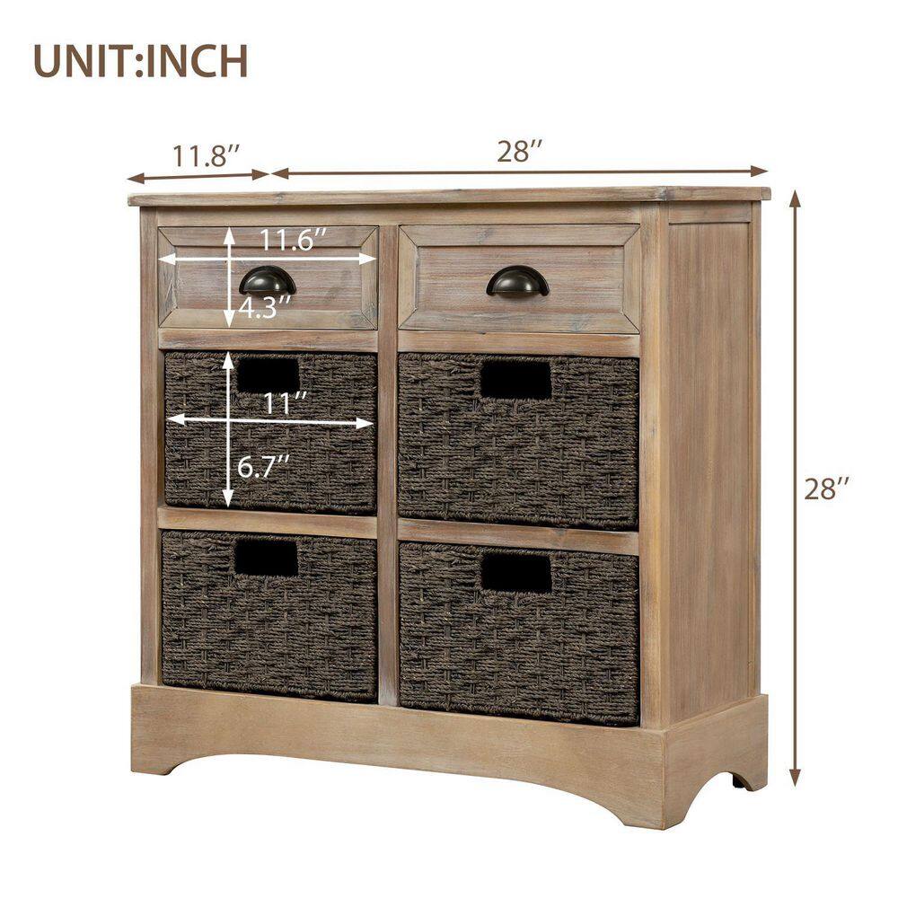 White Washed Rustic Pine Accent Cabinet with Wicker Baskets