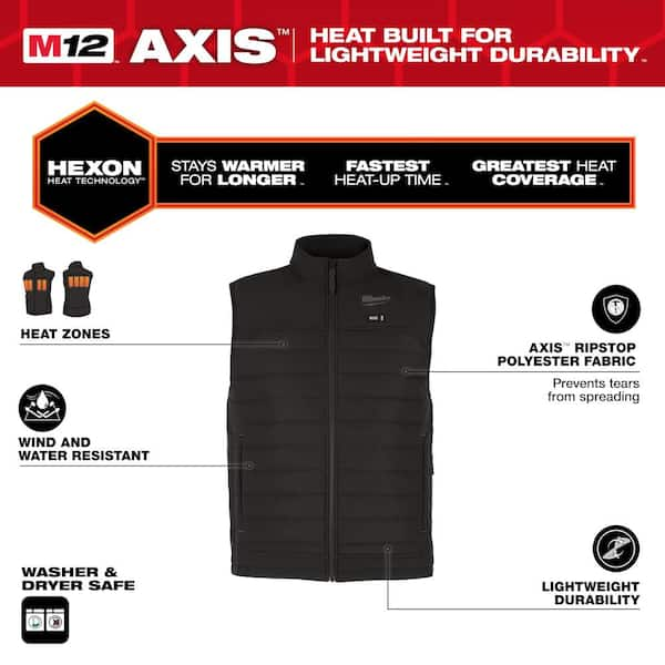 Milwaukee Men s Small M12 12V Lithium Ion Cordless AXIS Black Heated Vest Kit with 1 2.0 Ah Battery and Charger M300B 21S The Home Depot