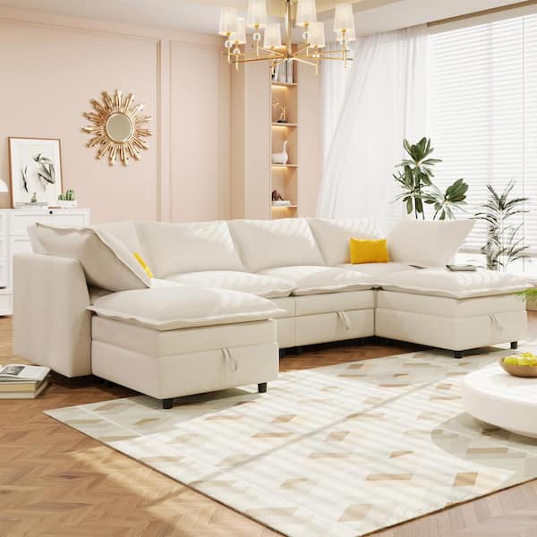 CHRISTOPHER KNIGHT HOME 126 in. W 6-Piece Polyester Modular Sectional Sofa in. Beige with Storage, Faux Double-Layer Cushions