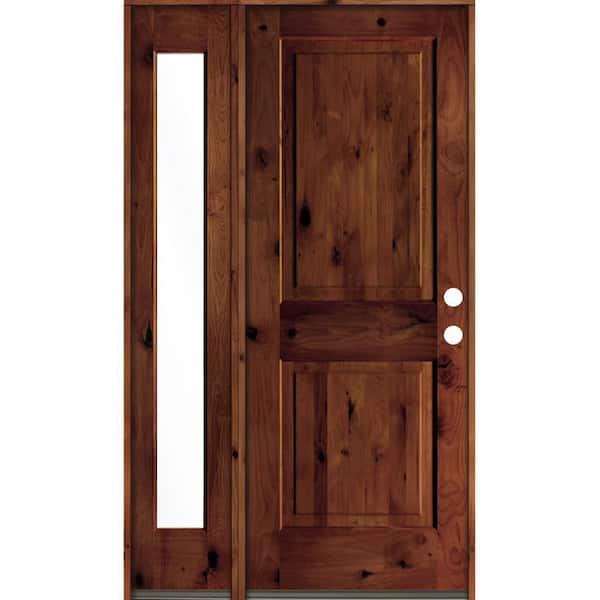 Krosswood Doors 44 in. x 80 in. Rustic knotty alder 2-Panel Left-Hand/Inswing Clear Glass Red Chestnut Stain Wood Prehung Front Door