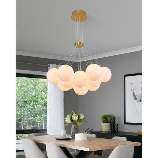 Modern 25.6 in 13-Light Gold Bubble Chandelier with White Globe Shade for Dining Room Living Room