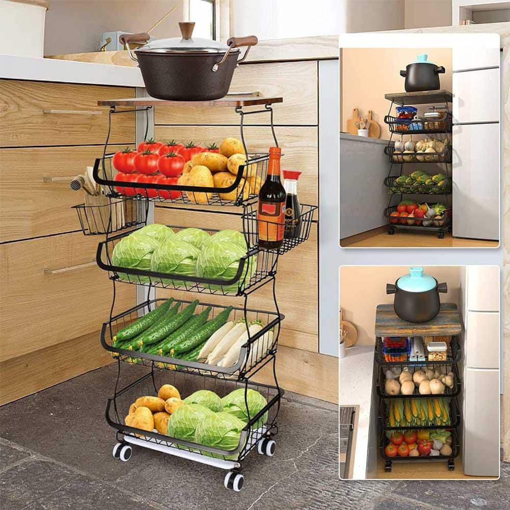 5-Tier Black Metal Pantry Organizer, Stackable Metal Wire Basket Stand Cart