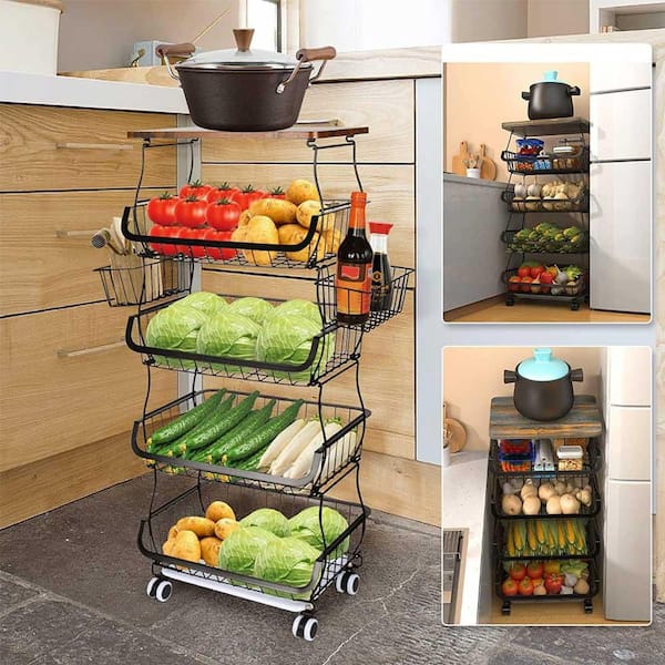 Adrinfly 5-Tier Black Metal Pantry Organizer, Stackable Metal Wire Basket Stand Cart with Wheels for Fruit Vegetable