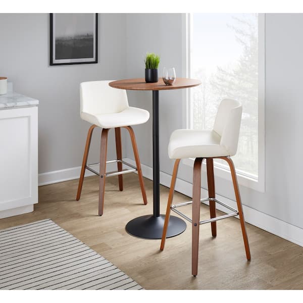 Santi 39.75 in. White Faux Leather, Walnut Wood, and Chrome Metal Fixed-Height Bar Stool with Square Footrest (Set of 2)