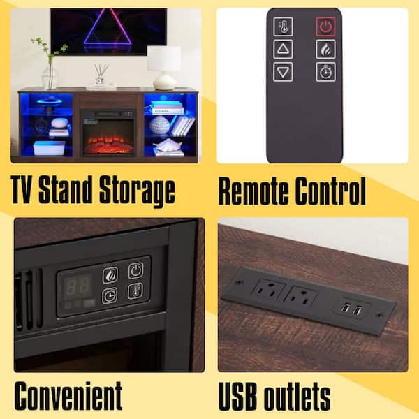 58 in. Freestanding TV Stand, with 18 in Electric Fireplace, LED Lights USB Charging Outlet Glass Shelves Espresso Brown