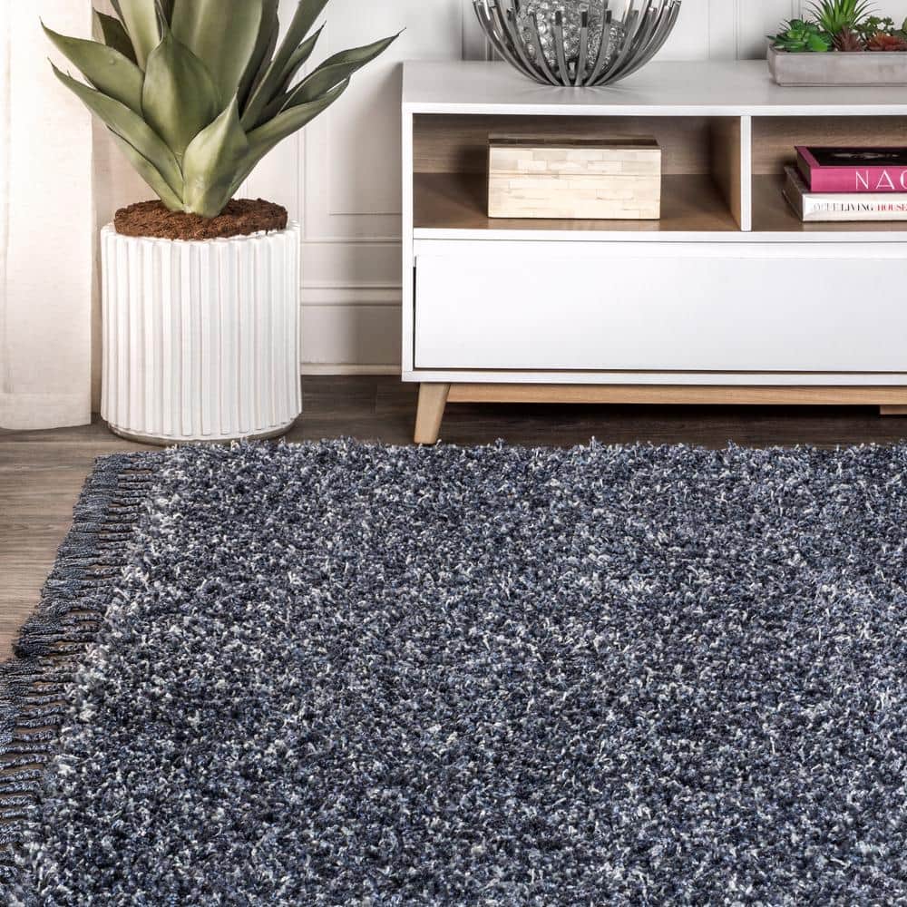 Denim Blue Rectangular Shag Area Rug with Tassels
