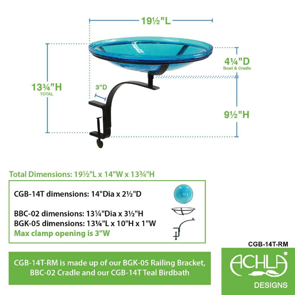 Teal Crackle Glass Birdbath Bowl with Rail Mount Bracket