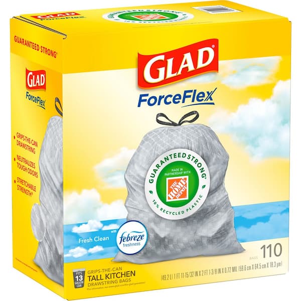 Glad ForceFlex Kitchen Bags, Tall, Drawstring, Fresh Clean, 13 Gallon - 110 bags