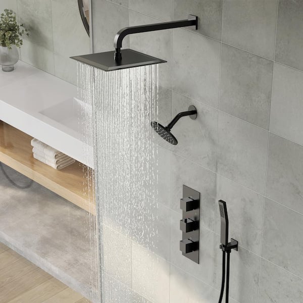 5-Spray Square 12 in. Rain Wall Mount Shower System with 6 in. Shower Head Handheld shower in Matte Black 2.5 GPM