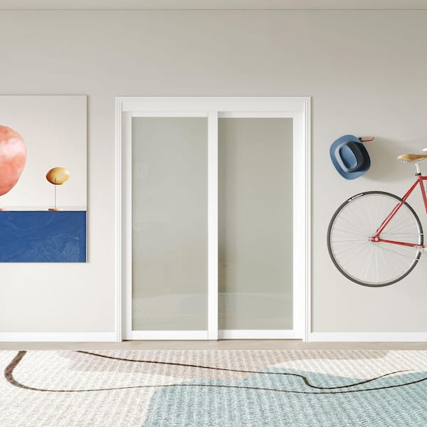 72 in. x 80 in. MDF, White Double Frosted Full Lite, Glass Sliding Door with All Hardware