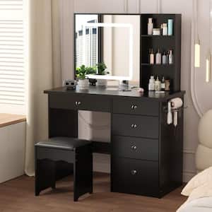 Black Makeup Vanity Set Dressing Table with Sliding LED Lighted Mirror Power Strip and Hair Dryer Holder, Drawers, Stool