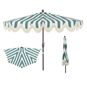 Beverly 9 ft. Scalloped Fringe Half Market Patio Umbrella with Crank, Push Button Tilt and UV Protection in Green/White